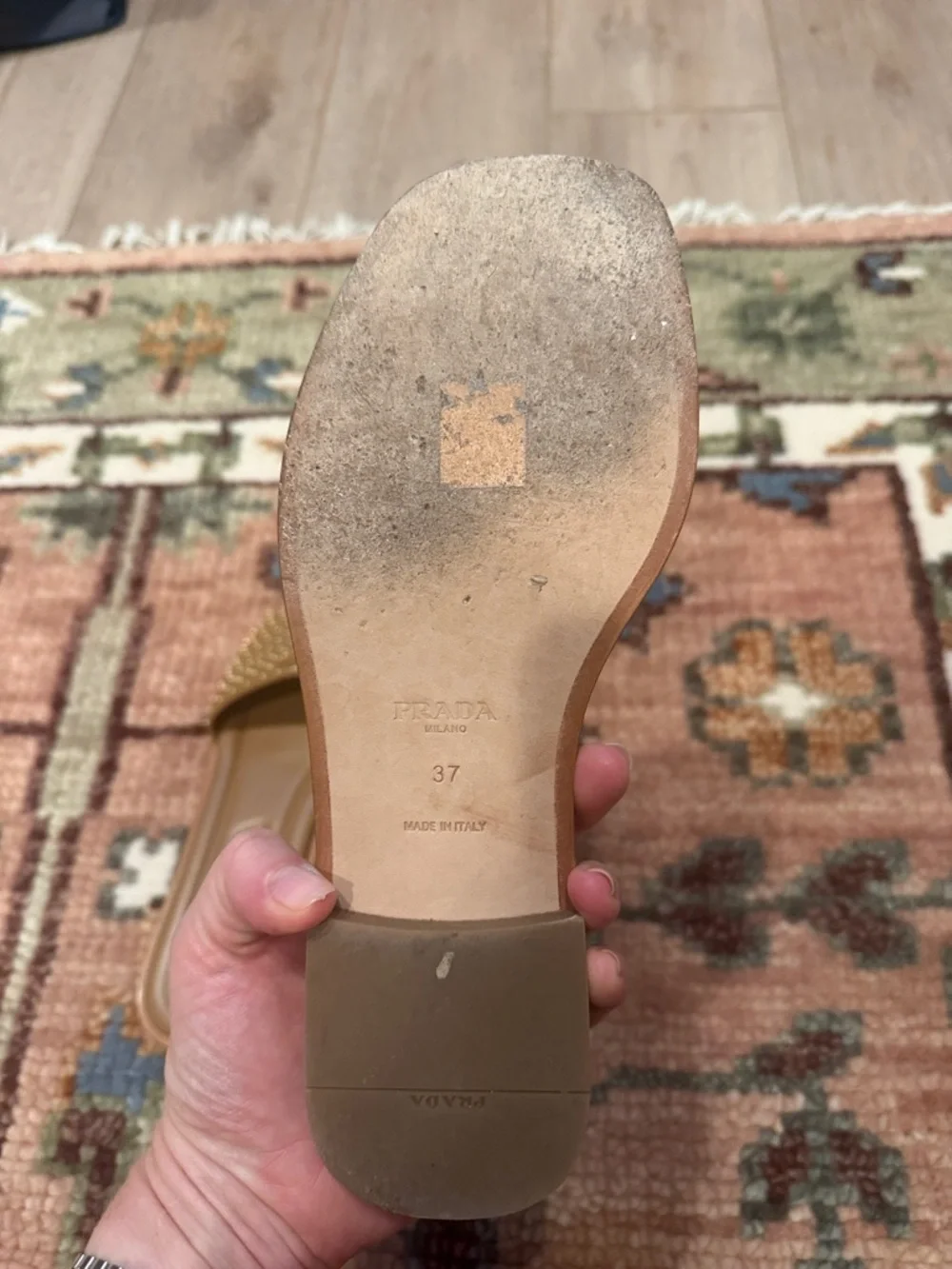 Prada Tan Studded Slide Mules with Gold Logo - Picture 4 of 4